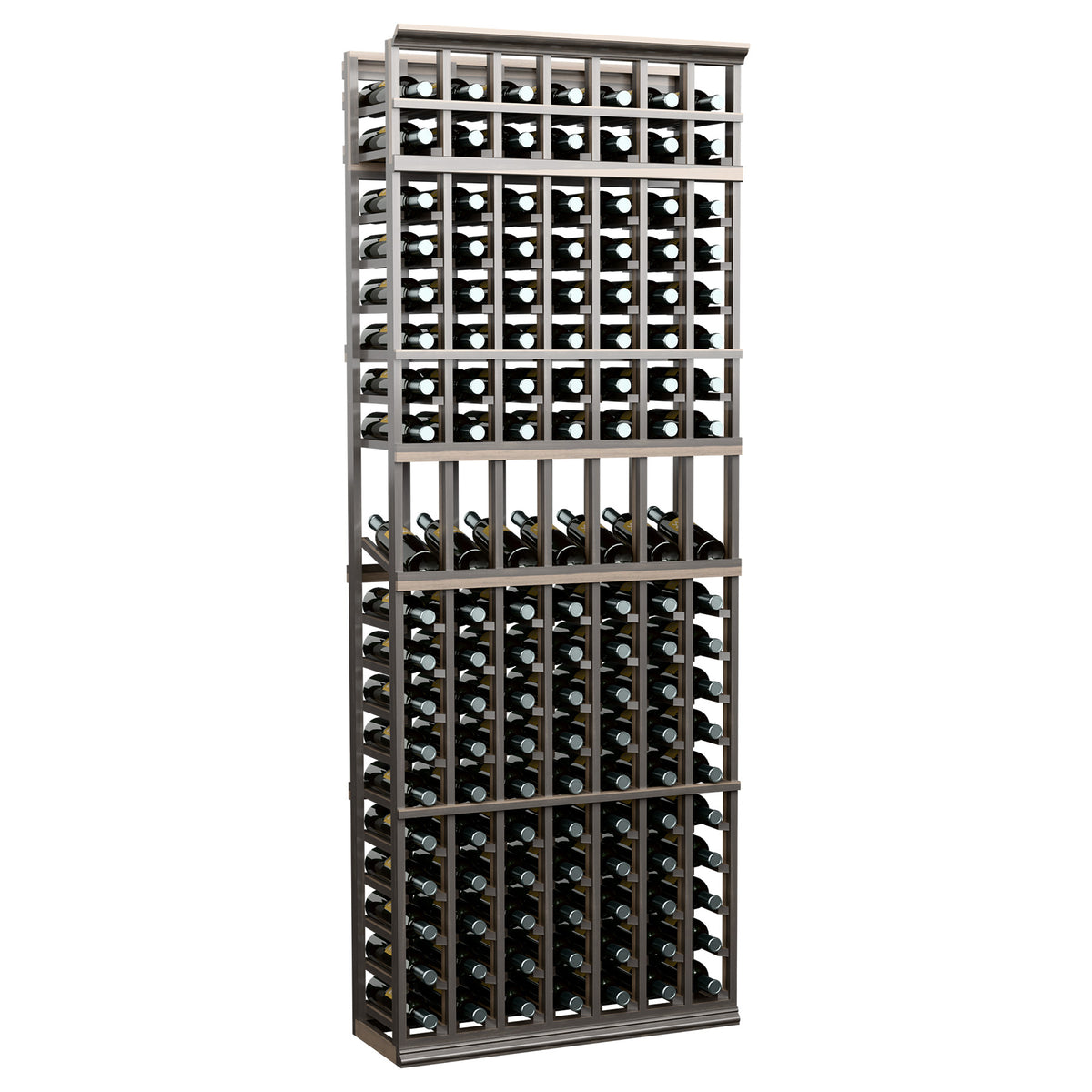 7-column wine bottle display rack with dark gray frame, front row of bottles visible