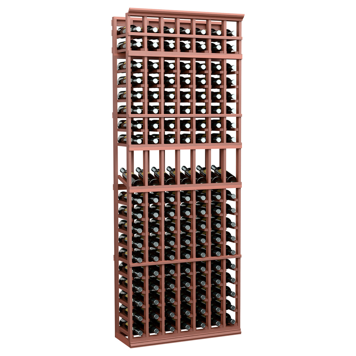 7-column wine bottle display rack with reddish-brown frame and bottle storage