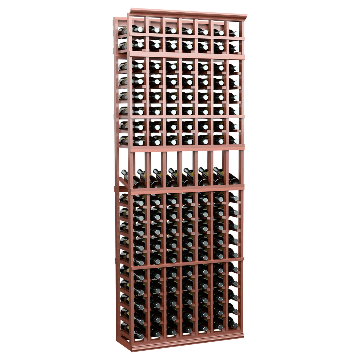 7-column wine bottle display rack with reddish-brown frame and black bottle holders