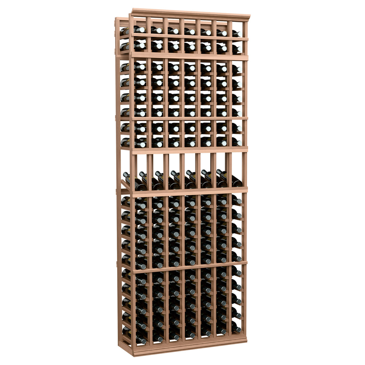 7-column wine bottle display rack with light wood frame and bottle storage