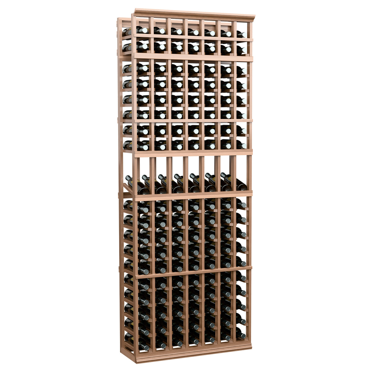 7-column wine bottle display rack with light wood frame and front-lane bottles