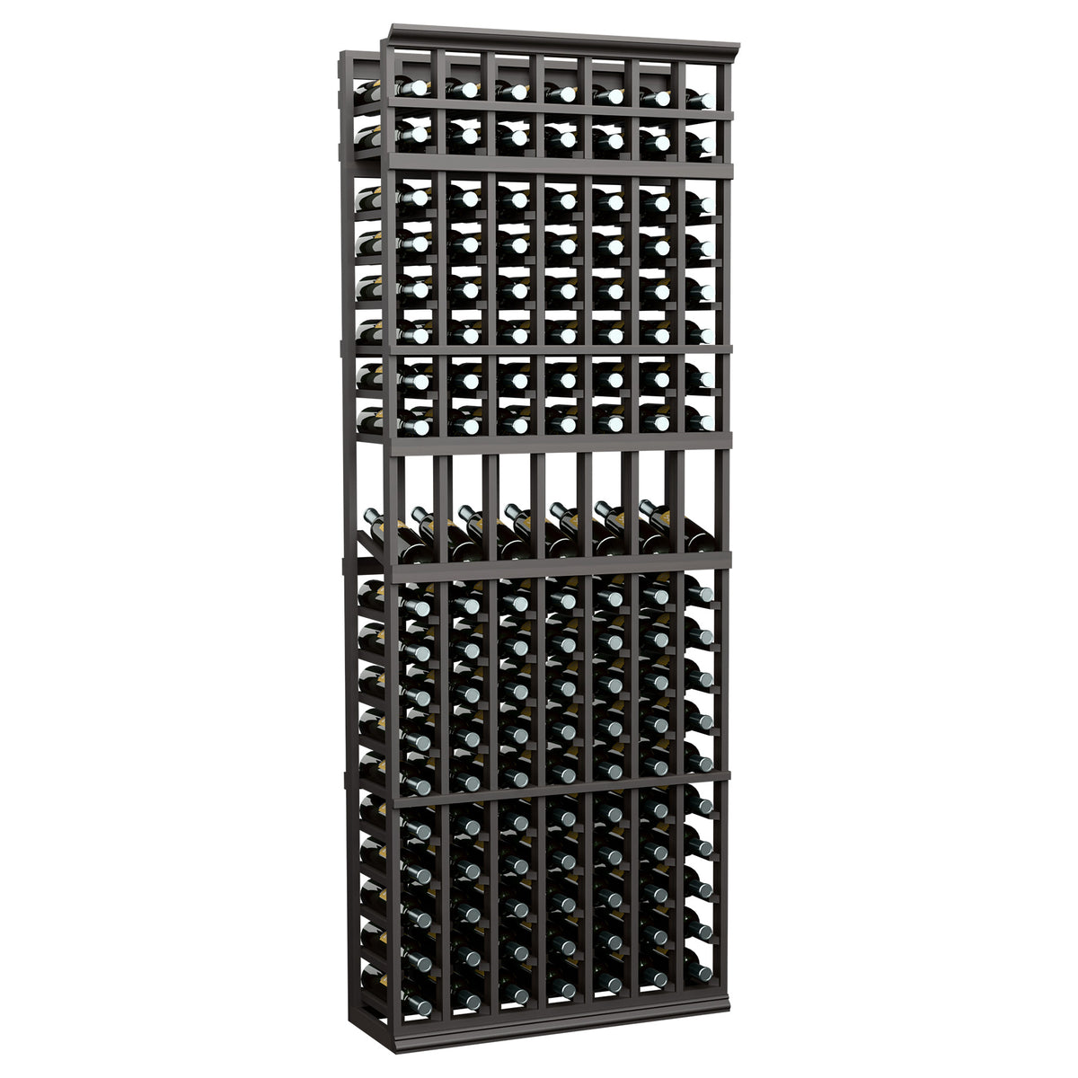 7-column wine bottle display rack with dark gray frame and evenly spaced bottle slots