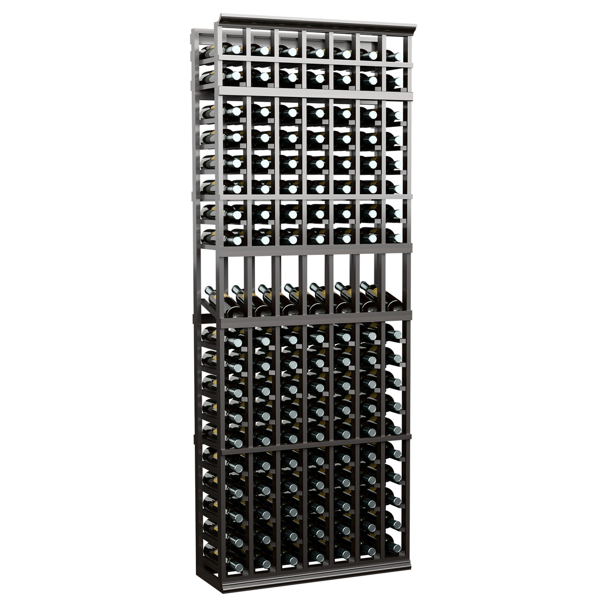 7-column wine bottle display rack with dark gray frame and visible bottle caps
