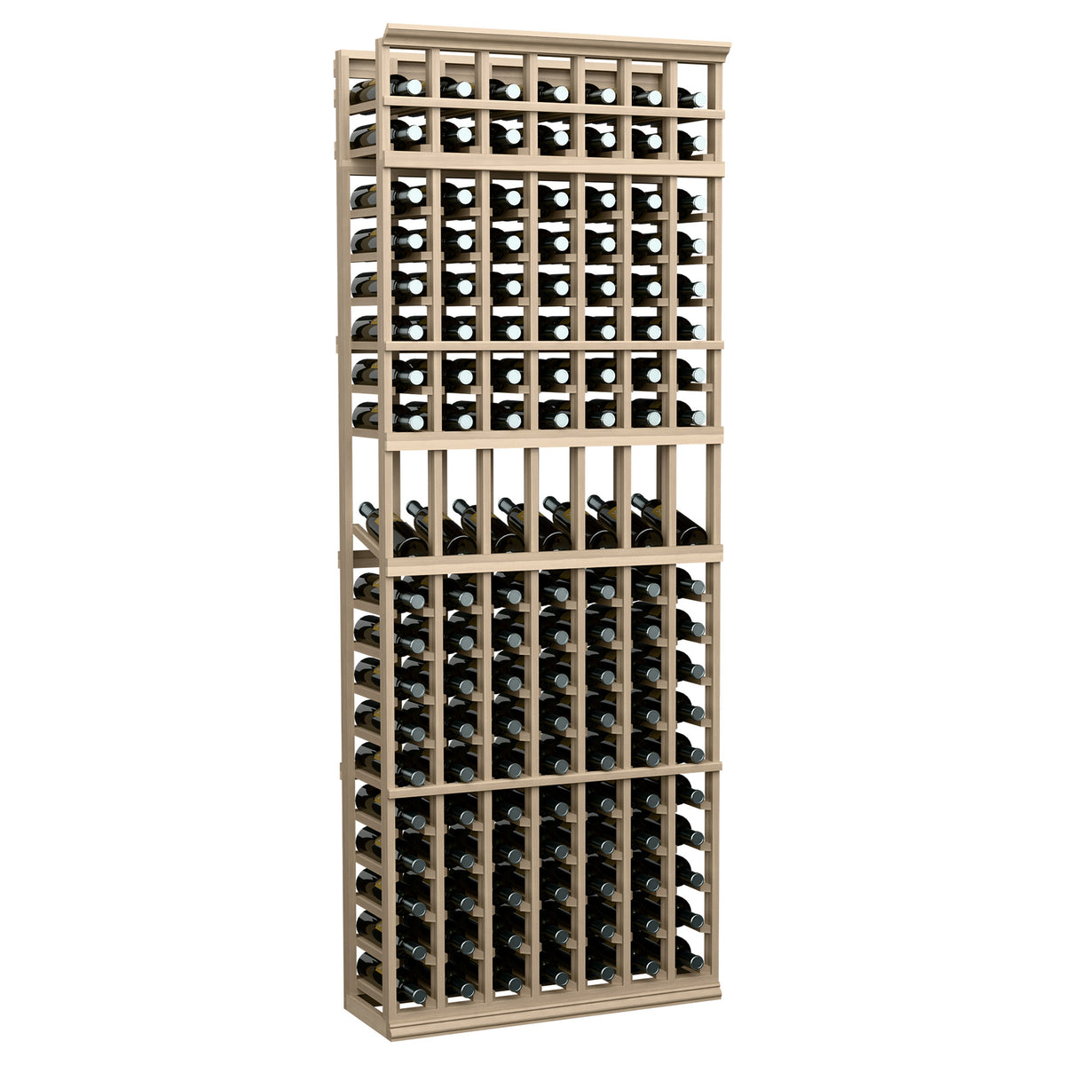 7-column wine display rack with open wooden grid and bottle slots
