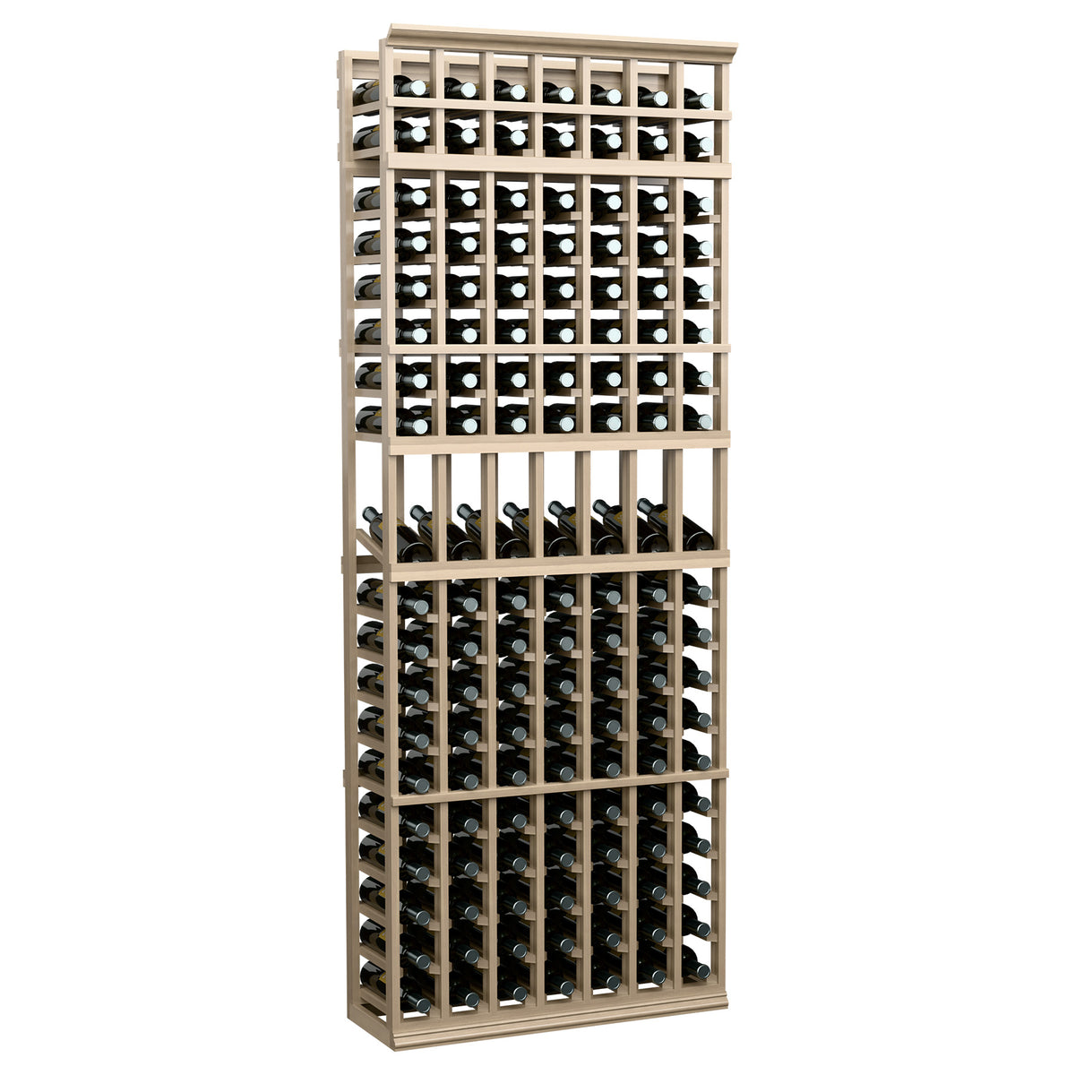 7-column wine display rack in light wood with open bottle storage grid