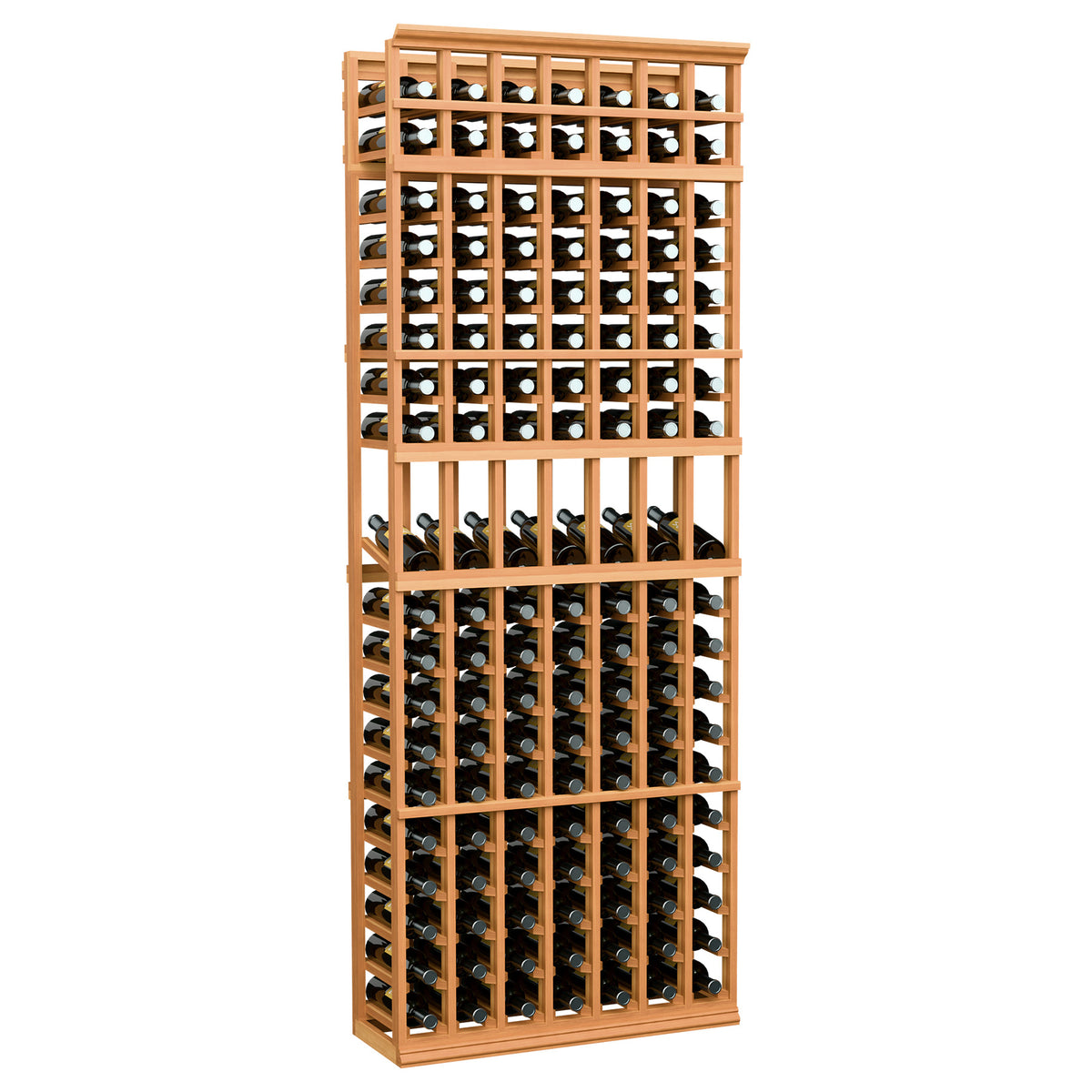 7-column wine display rack in warm wood with open bottle storage grid