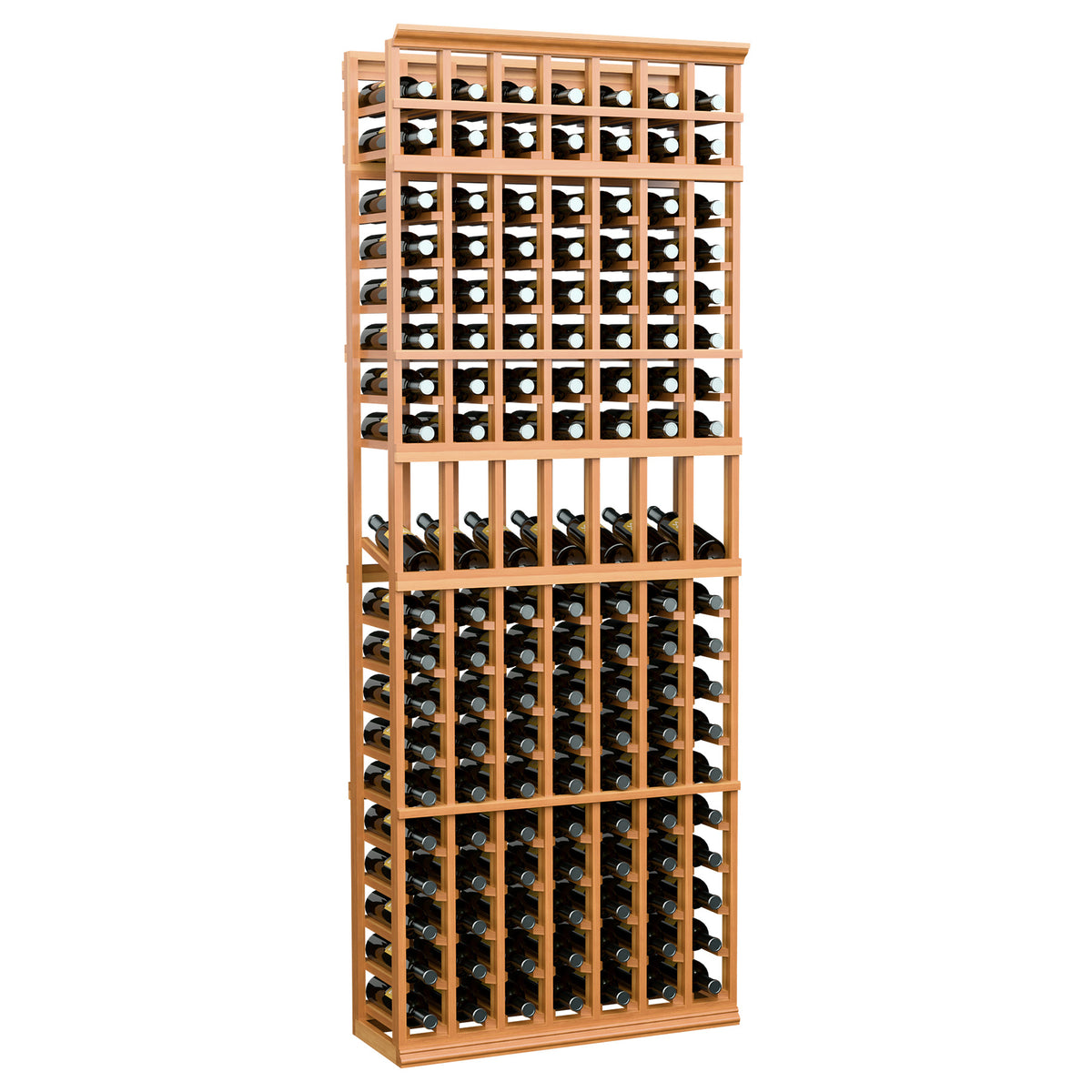 7-column wine display rack in warm wood with front bottle slots