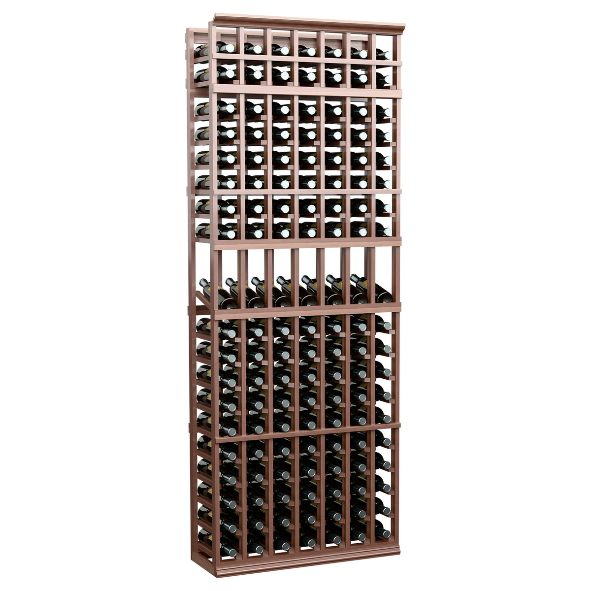 7-column wine display rack in dark wood with front bottle slots