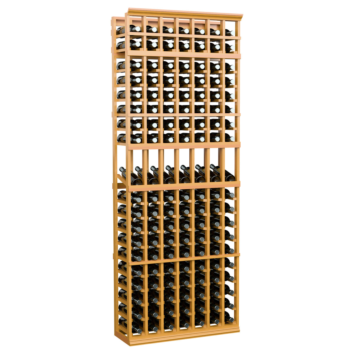 7-column wine display rack in honey-colored wood with bottle storage grid