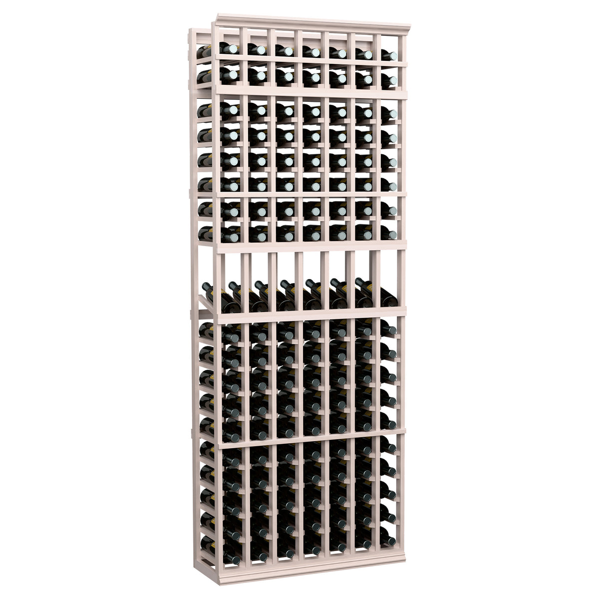 7-column wine display rack in light grey-toned wood with front bottle storage