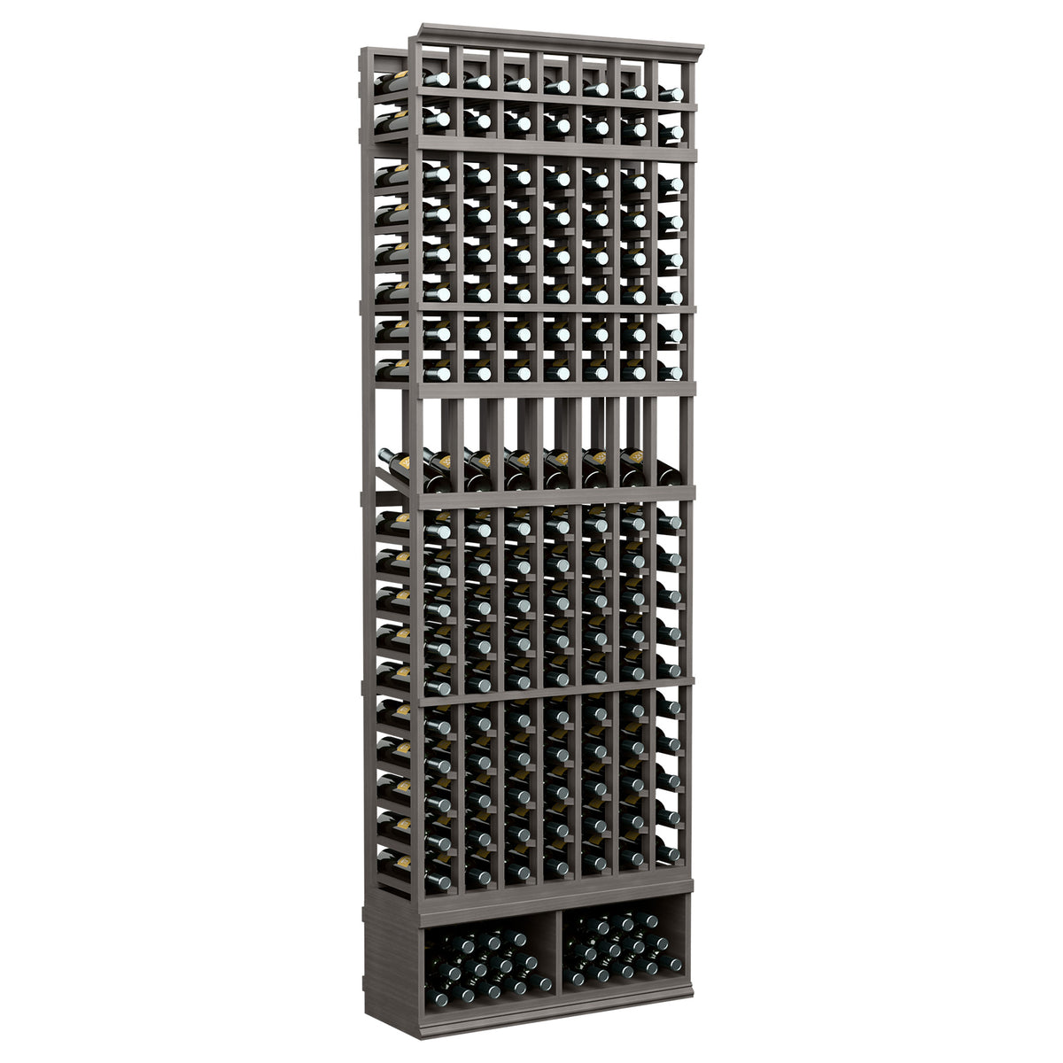 7-column wine bottle display rack with dark frame and grid bottle holders, 8-ft tall
