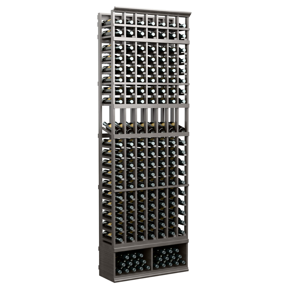 7-column wine bottle display rack with dark frame and bottle grid, 8-ft tall