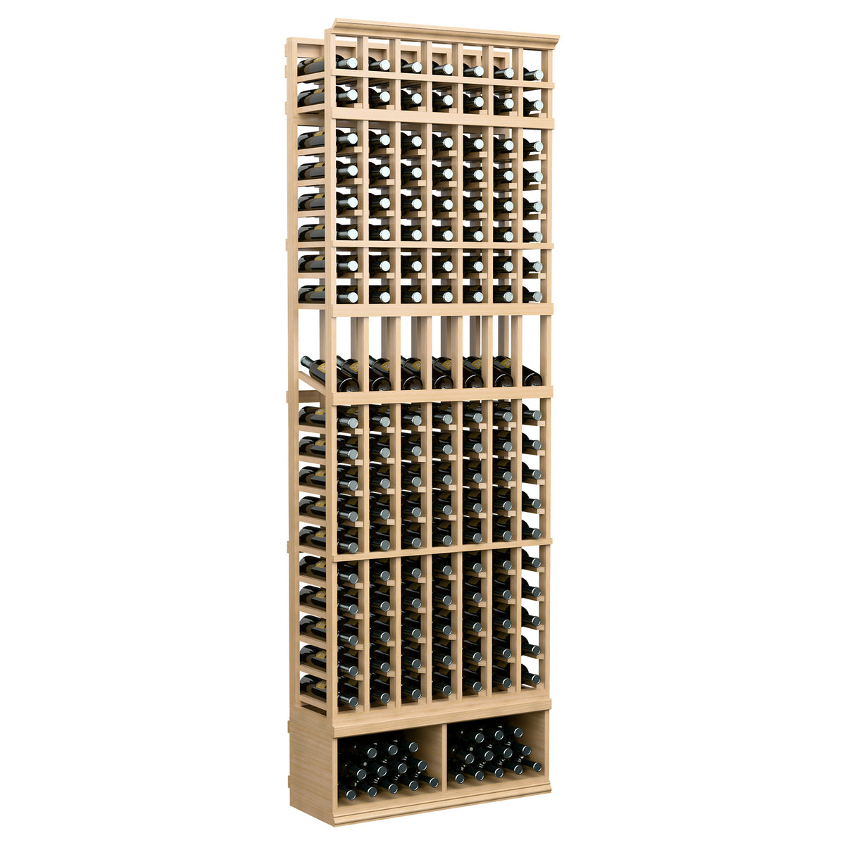 7-column wine bottle display rack with light wood frame and bottle grid, 8-ft tall