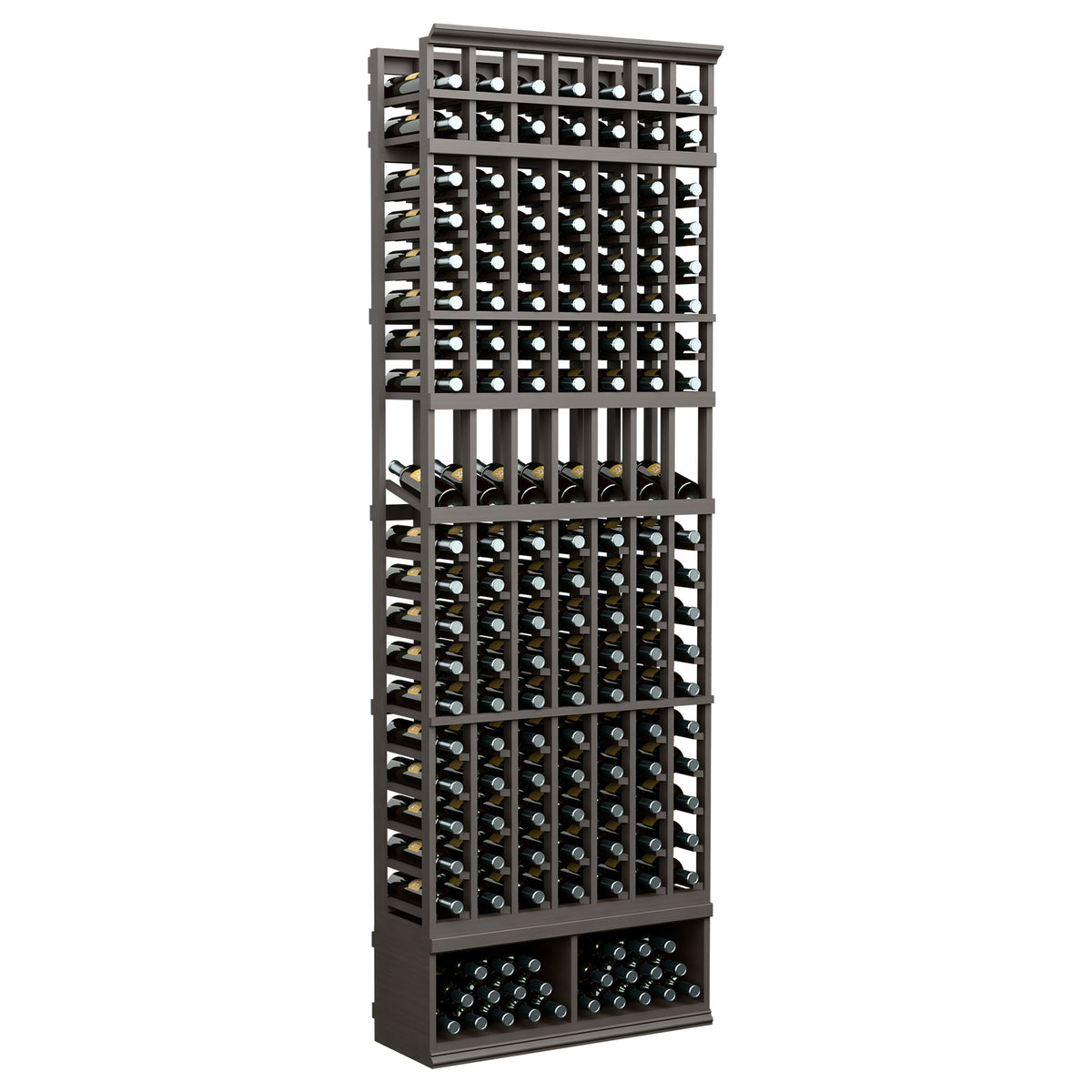 7-column wine bottle display rack with dark frame and bottle grid, 8-ft tall