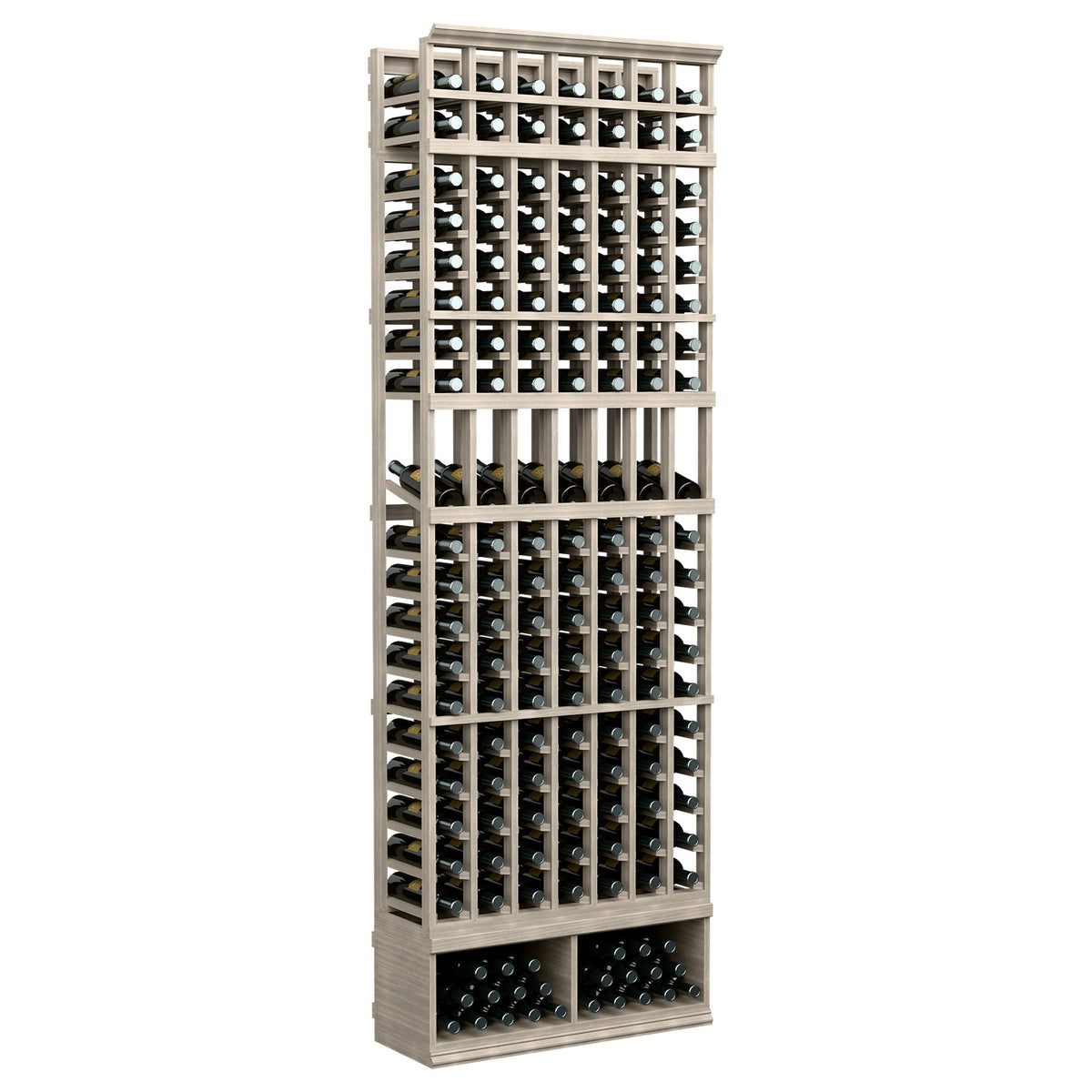 8-ft wine bottle display rack, light gray frame with bottle slots in 7 columns