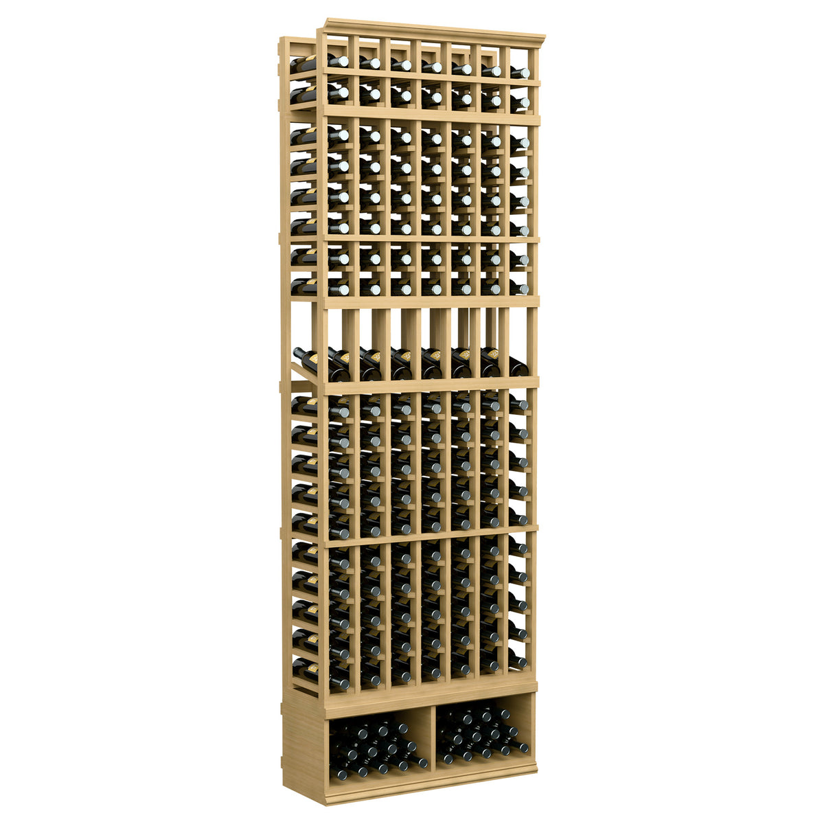 8-ft wine bottle display rack, light tan frame with 7 columns of bottle slots