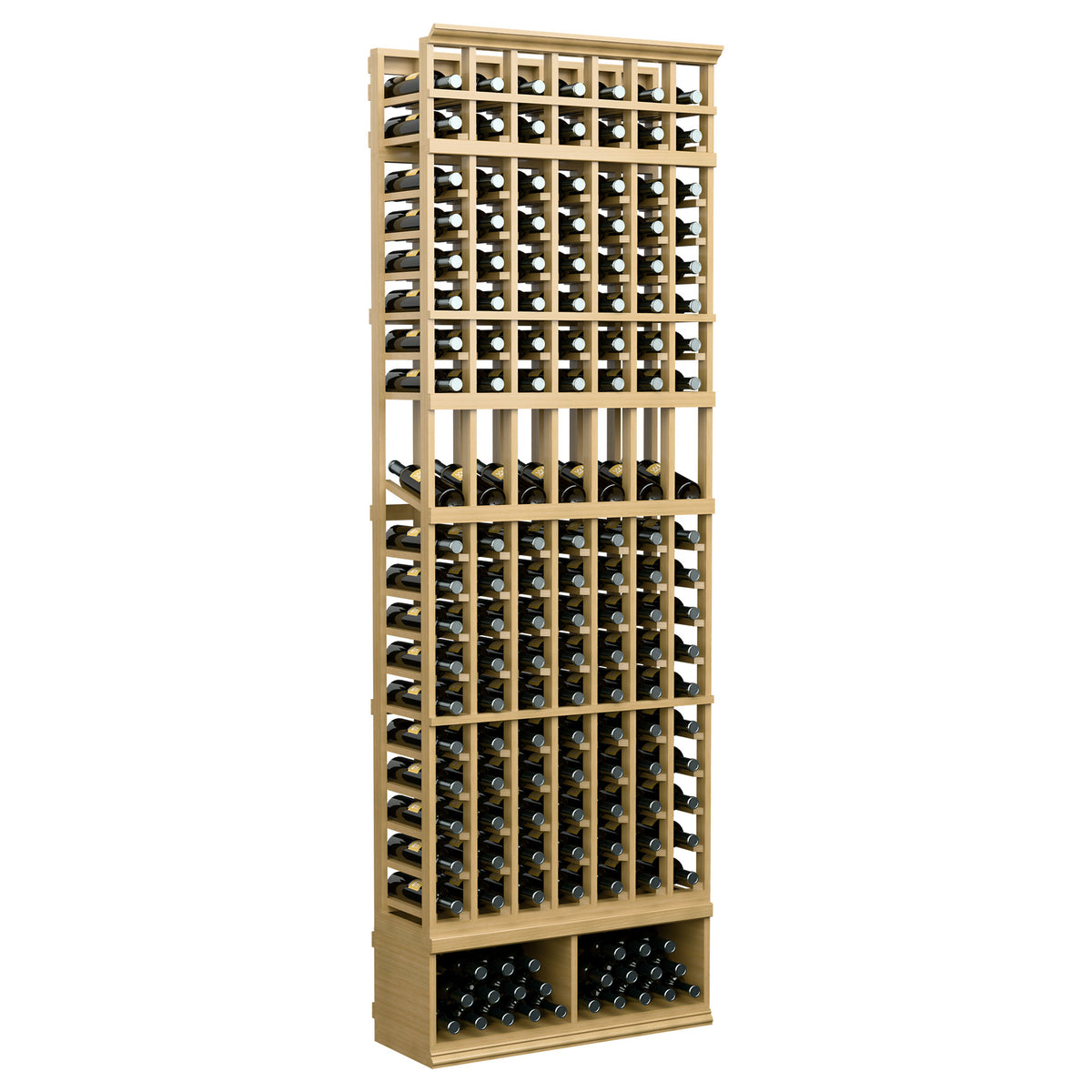 8-ft wine bottle display rack, tan wood frame with 7 rows of bottle openings
