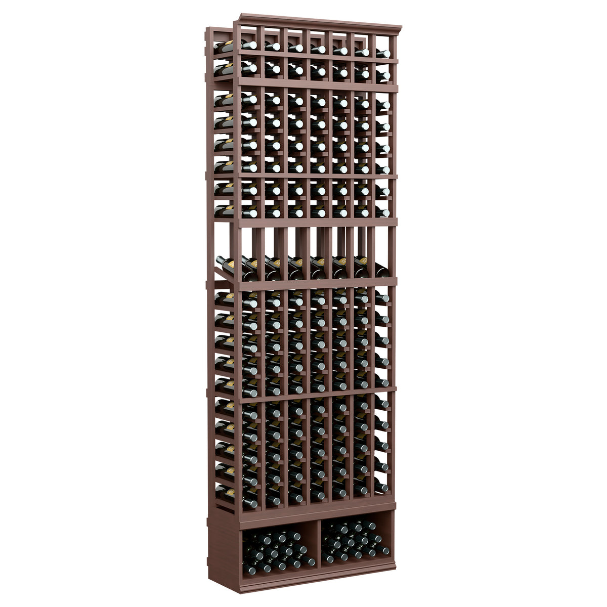 8-ft wine bottle display rack, dark brown frame with bottle slots in 7 columns
