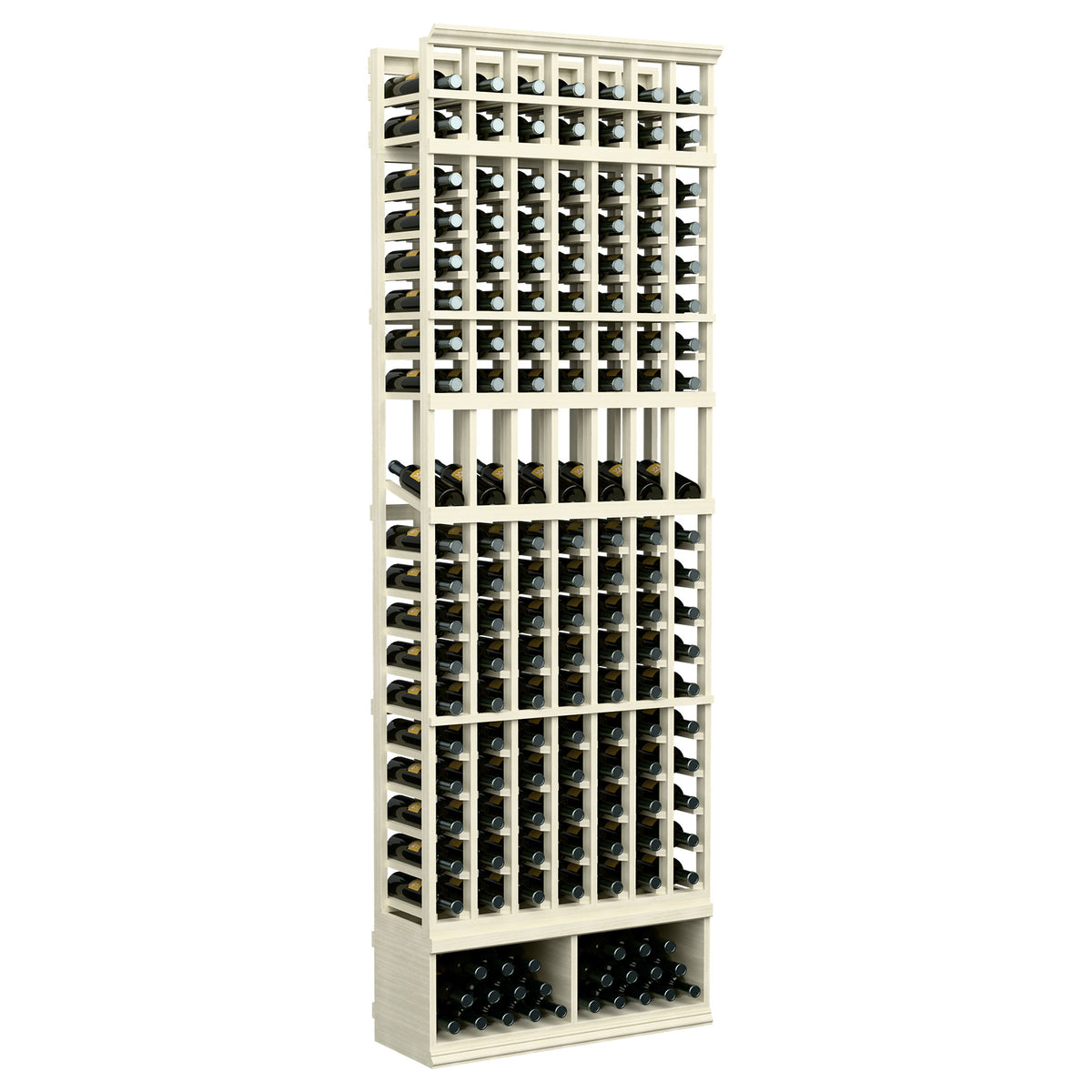 8-ft wine bottle display rack, whitewashed light gray frame with 7 columns of slots