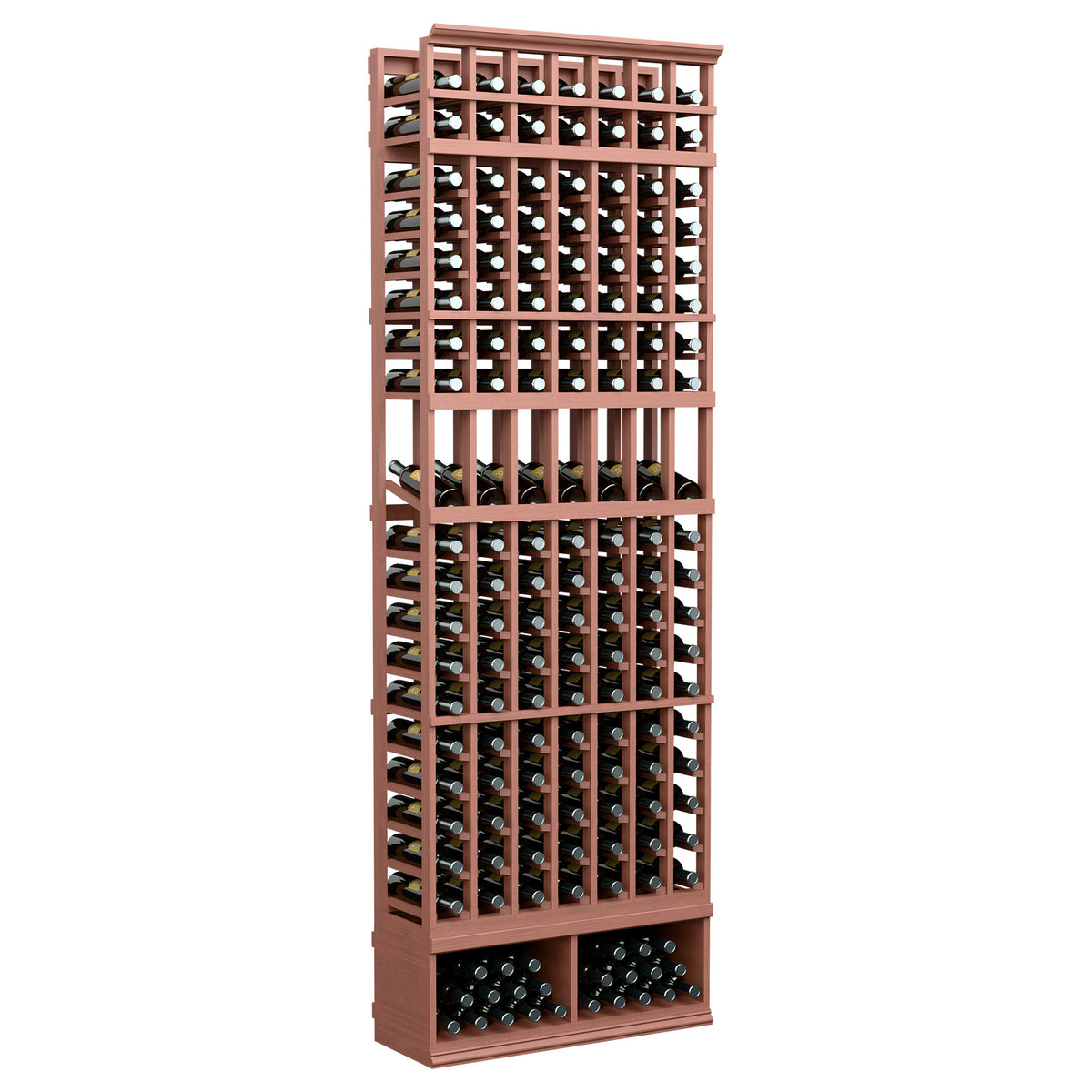 7-column wine bottle display rack with red-brown frame and open bottle cells