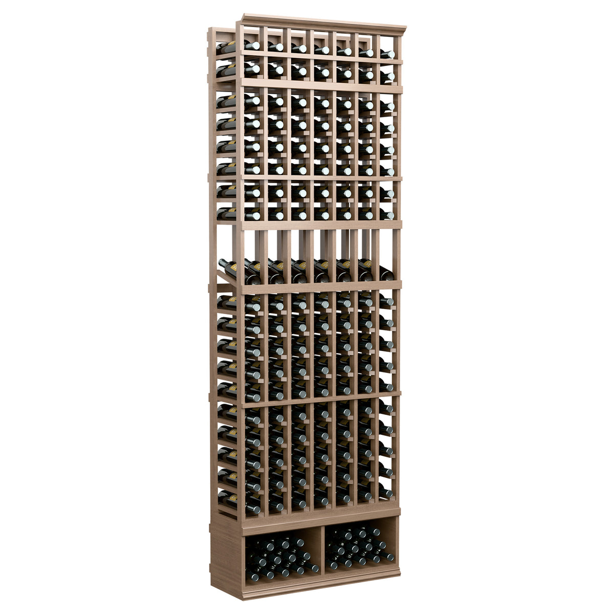 7-column wine bottle display rack with darker brown wood frame and open bottle cells