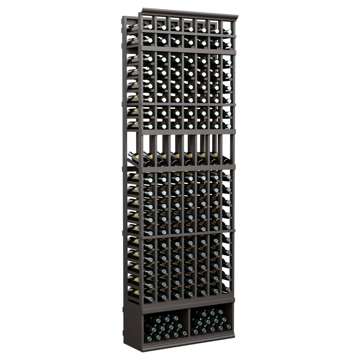 7-column wine bottle display rack with dark frame and bottom row bottle tray