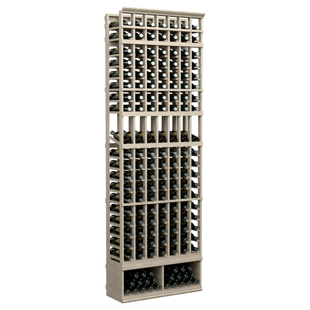 Light wood wine bottle display rack with 7 columns and many bottle slots