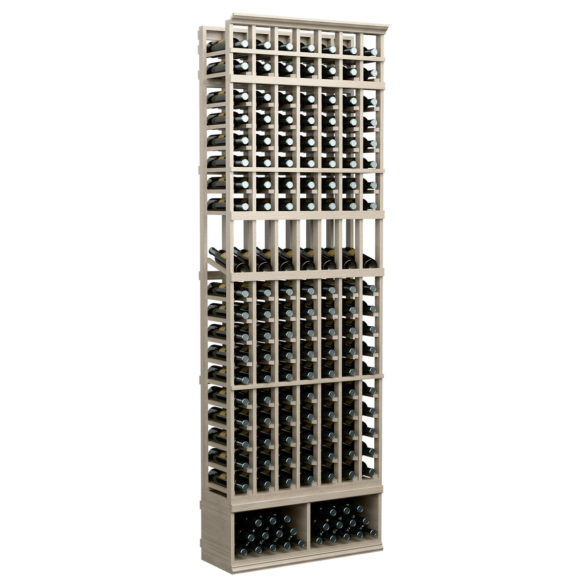 Light wood 7-column wine bottle display rack with front rows of bottle openings