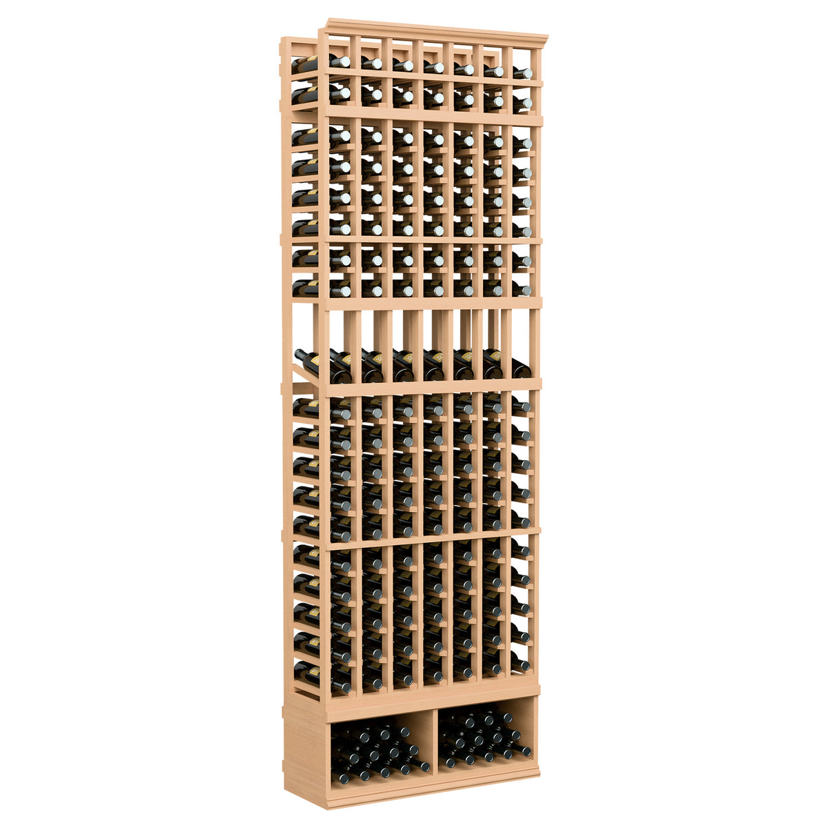 Natural wood wine bottle display rack with 7 columns and grid of bottle slots