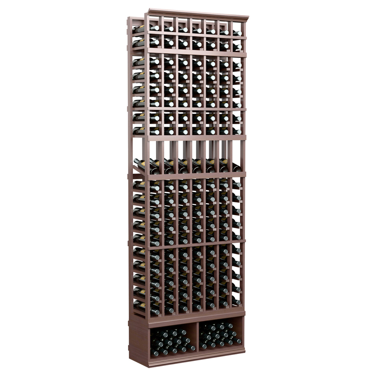 Dark wood 7-column wine bottle display rack with multiple bottle rows and openings