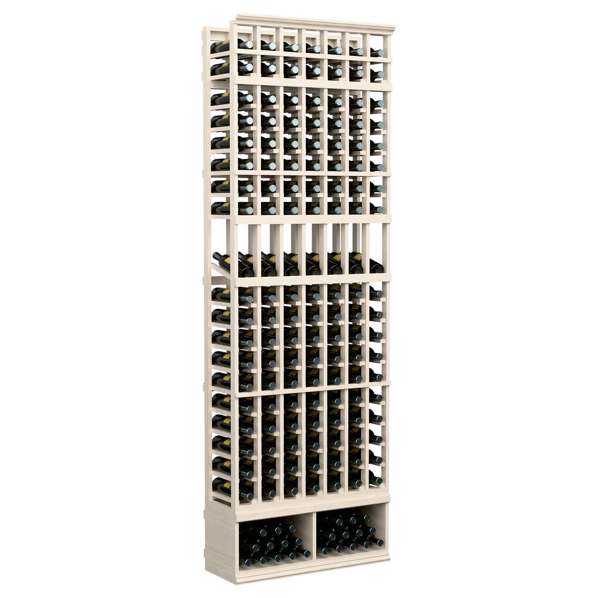 Whitewashed wood 7-column wine bottle display rack with front grid bottle cradles