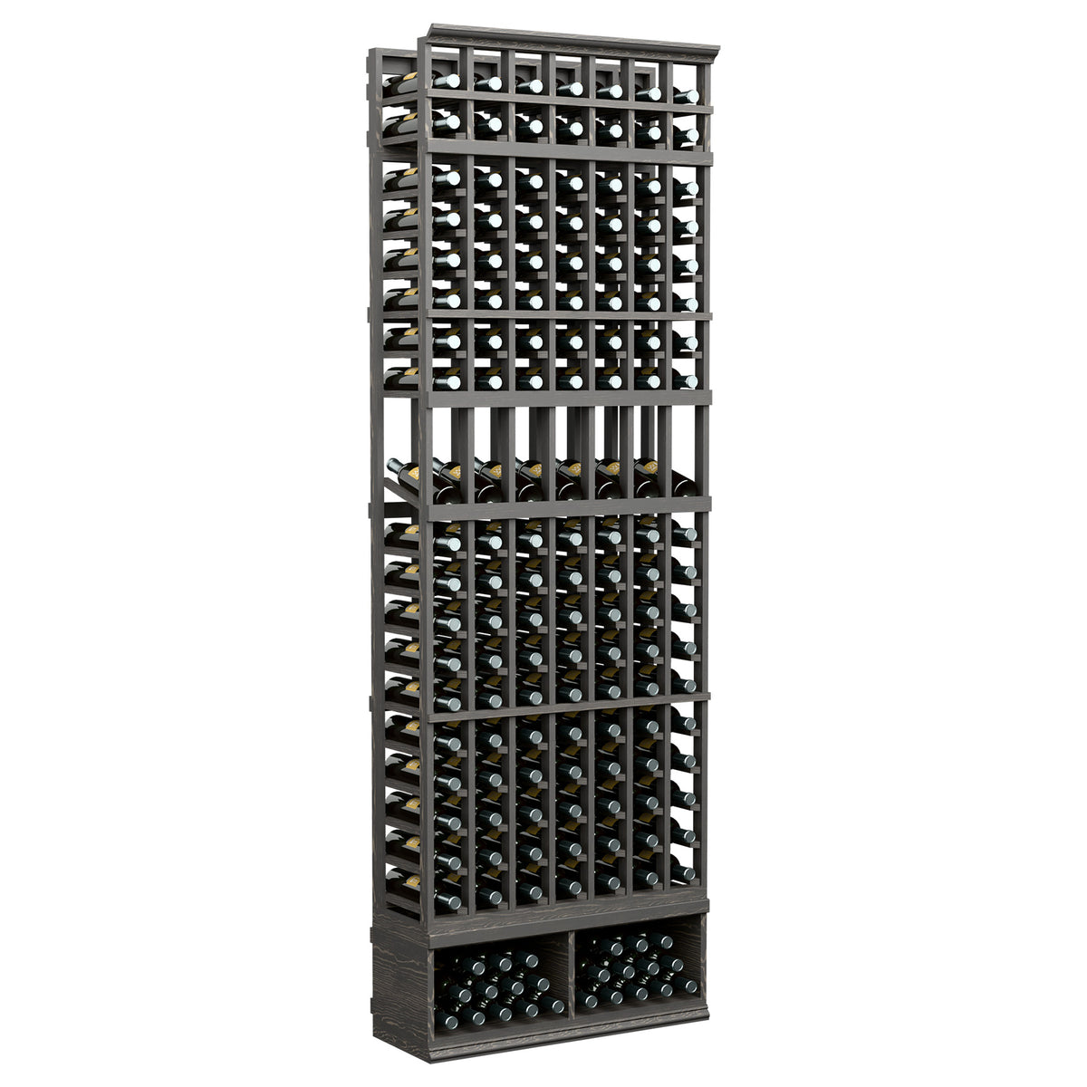 8-ft black 7-column wine display rack with open bottle slots and vertical grid
