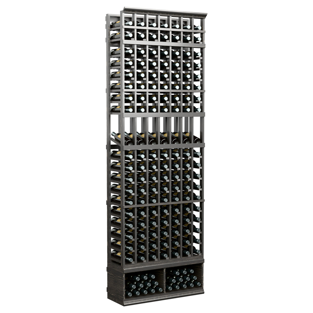 8-ft black 7-column wine display rack with open bottle slots and slatted dividers