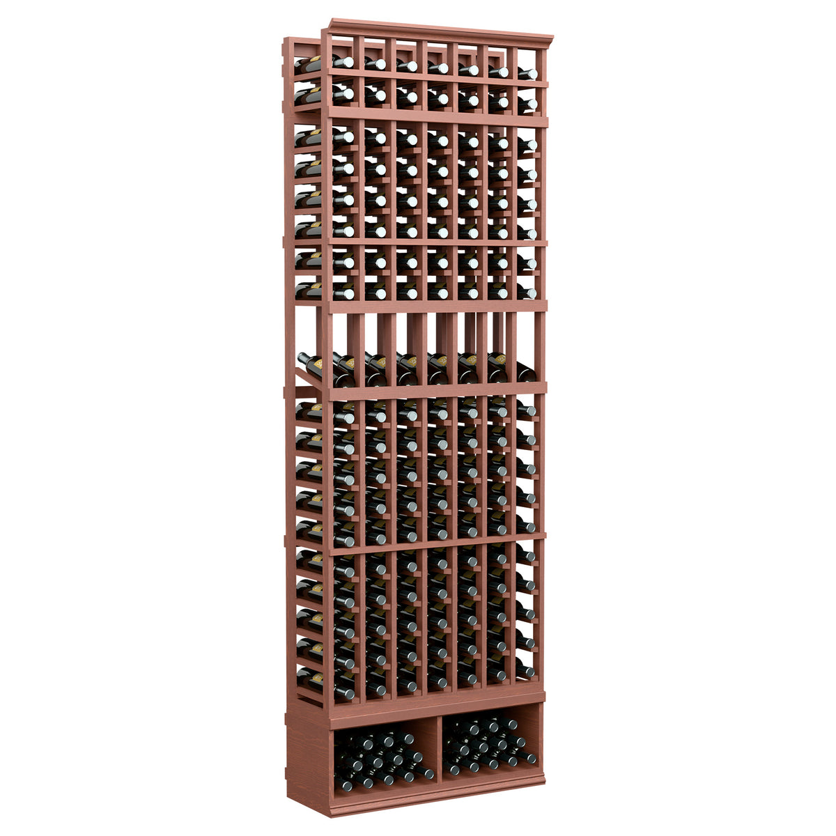 8-ft mahogany-brown 7-column wine display rack with open bottle slots and wood frame