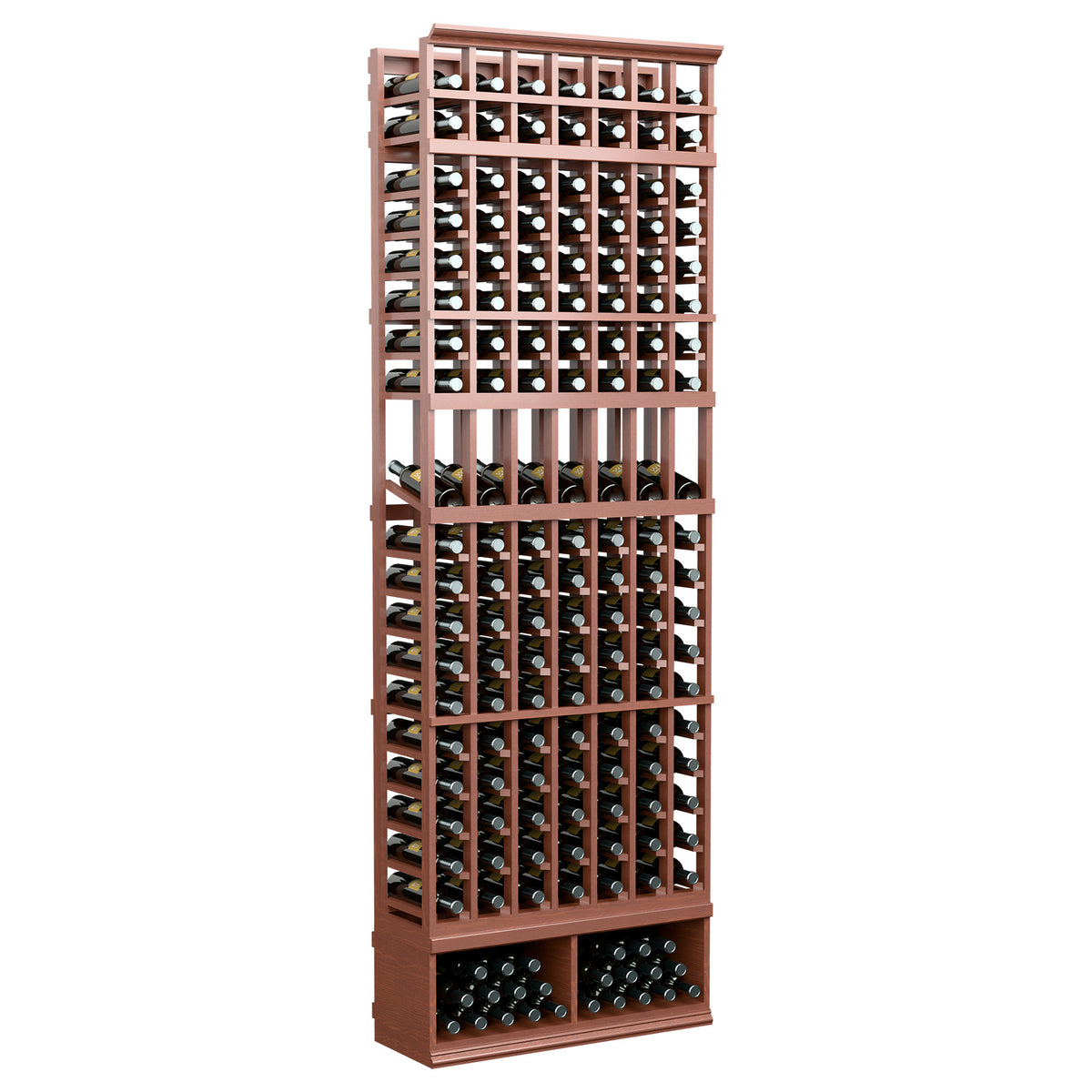 8-ft mahogany-brown 7-column wine display rack with open bottle slots and horizontal bars