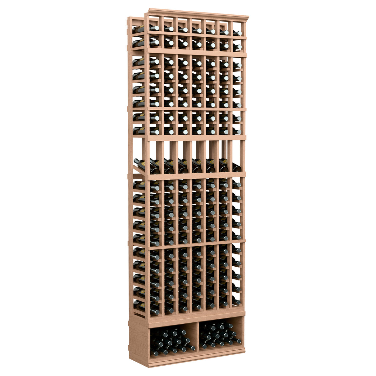 8-ft light tan 7-column wine display rack with open bottle slots and vertical grid
