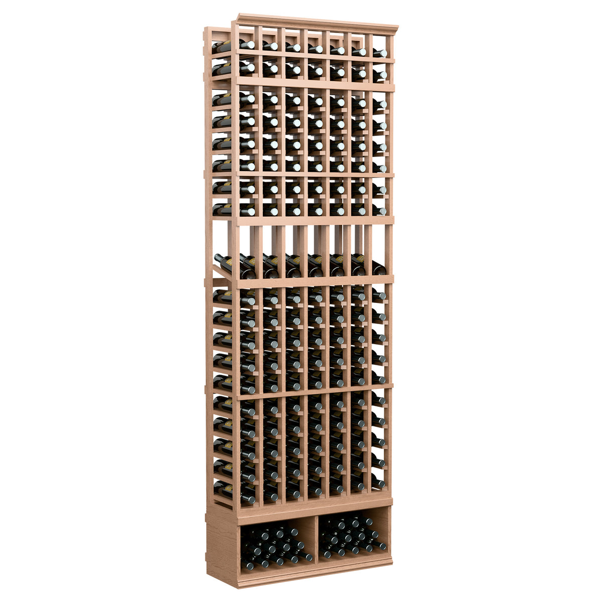 8-ft light tan 7-column wine display rack with open bottle slots and slatted dividers