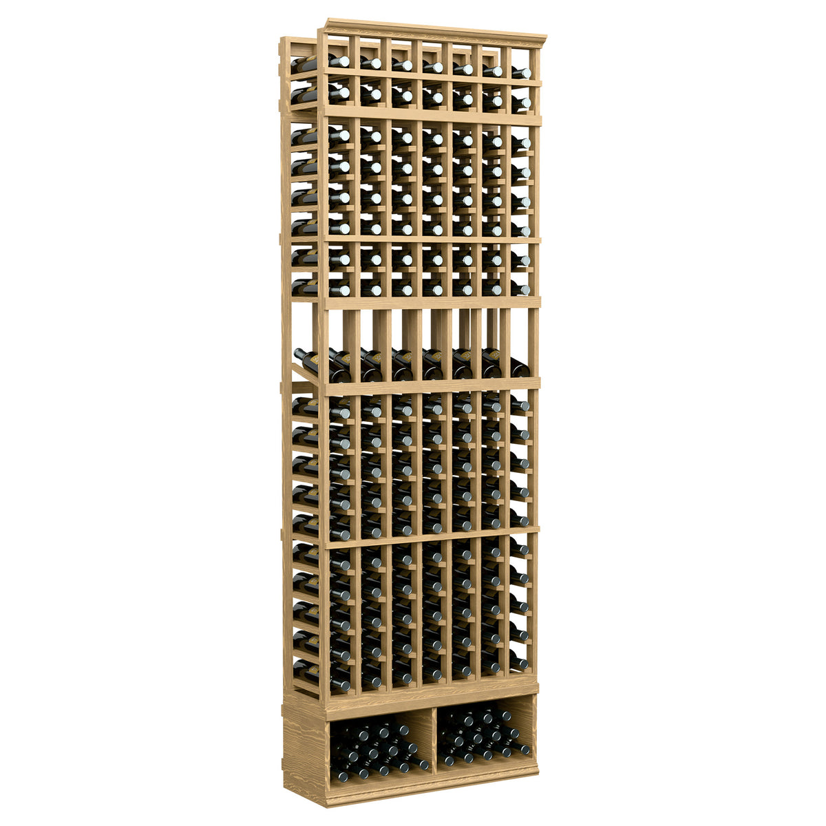8-ft natural wood 7-column wine display rack with open bottle slots and grid back