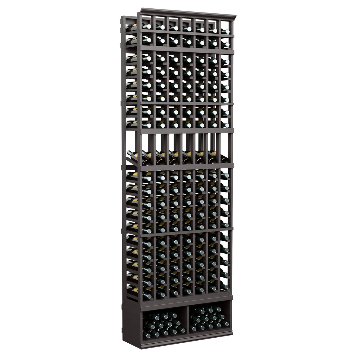 8-ft black 7-column wine display rack with open bottle slots and bottom bottle row