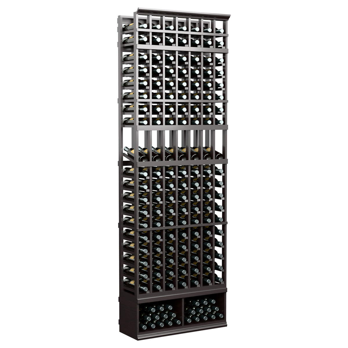 8-ft black 7-column wine display rack with open bottle slots and top bottle storage