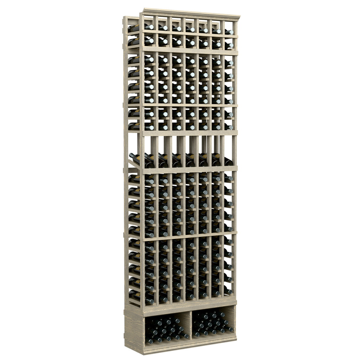 7-column wooden wine display rack with bottle slots, light finish, full front view