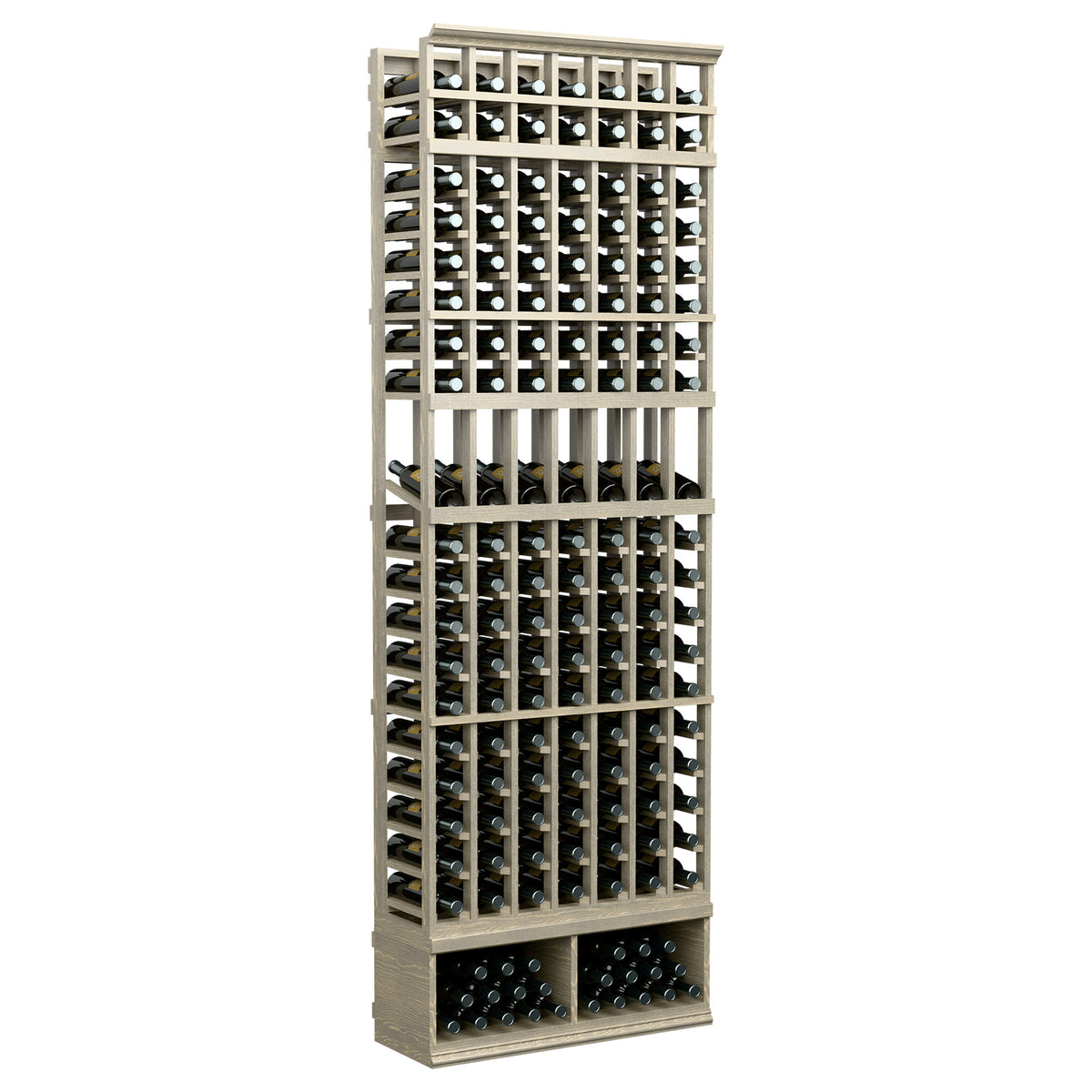 7-column wooden wine display rack with bottle slots, light finish, front view and base