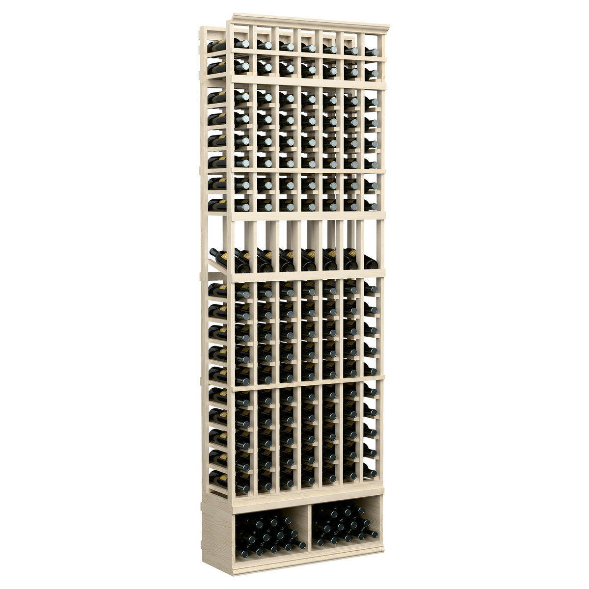 7-column wooden wine display rack with bottle slots, light finish, front view, top to base