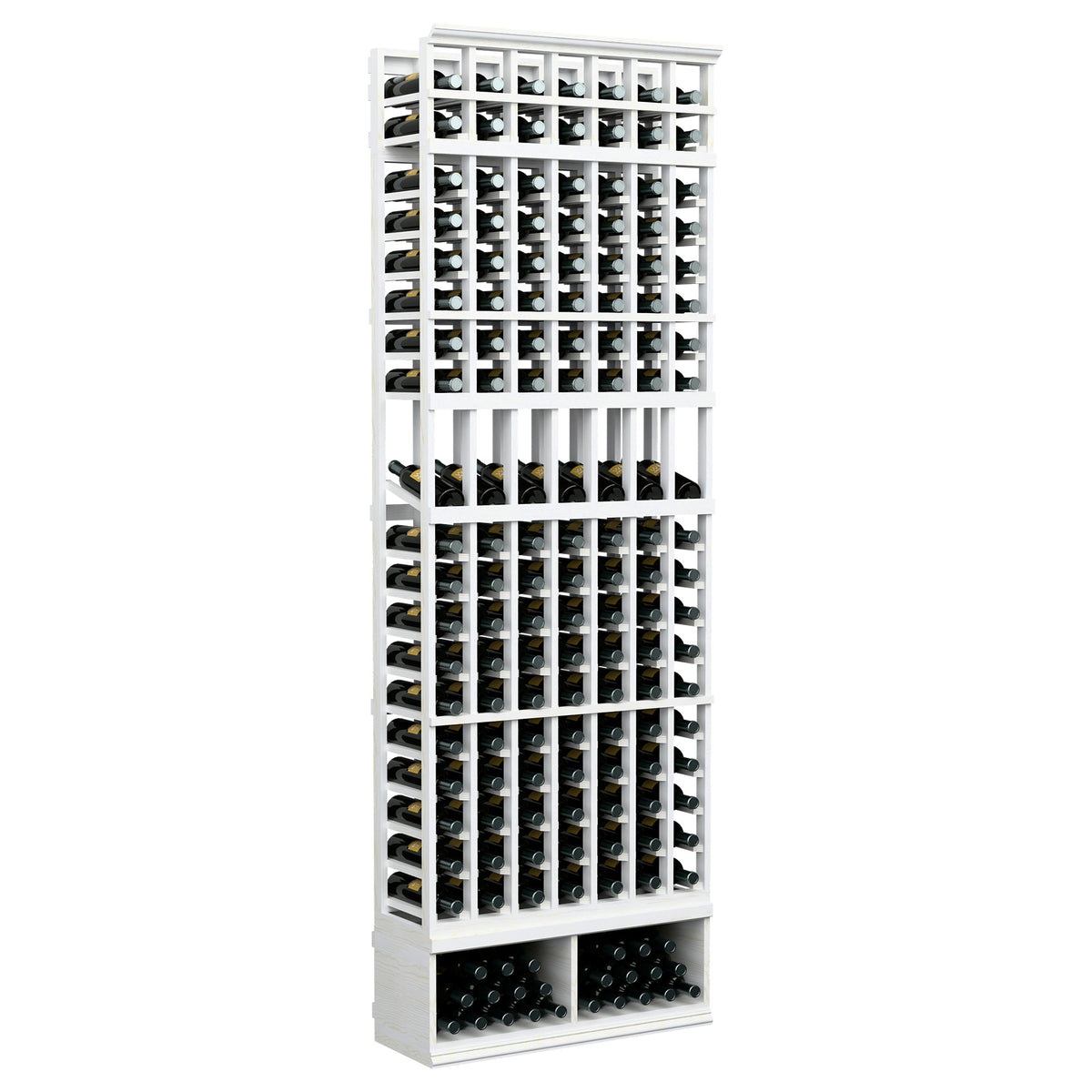 7-column wooden wine display rack with bottle slots, gray-toned finish, full front view