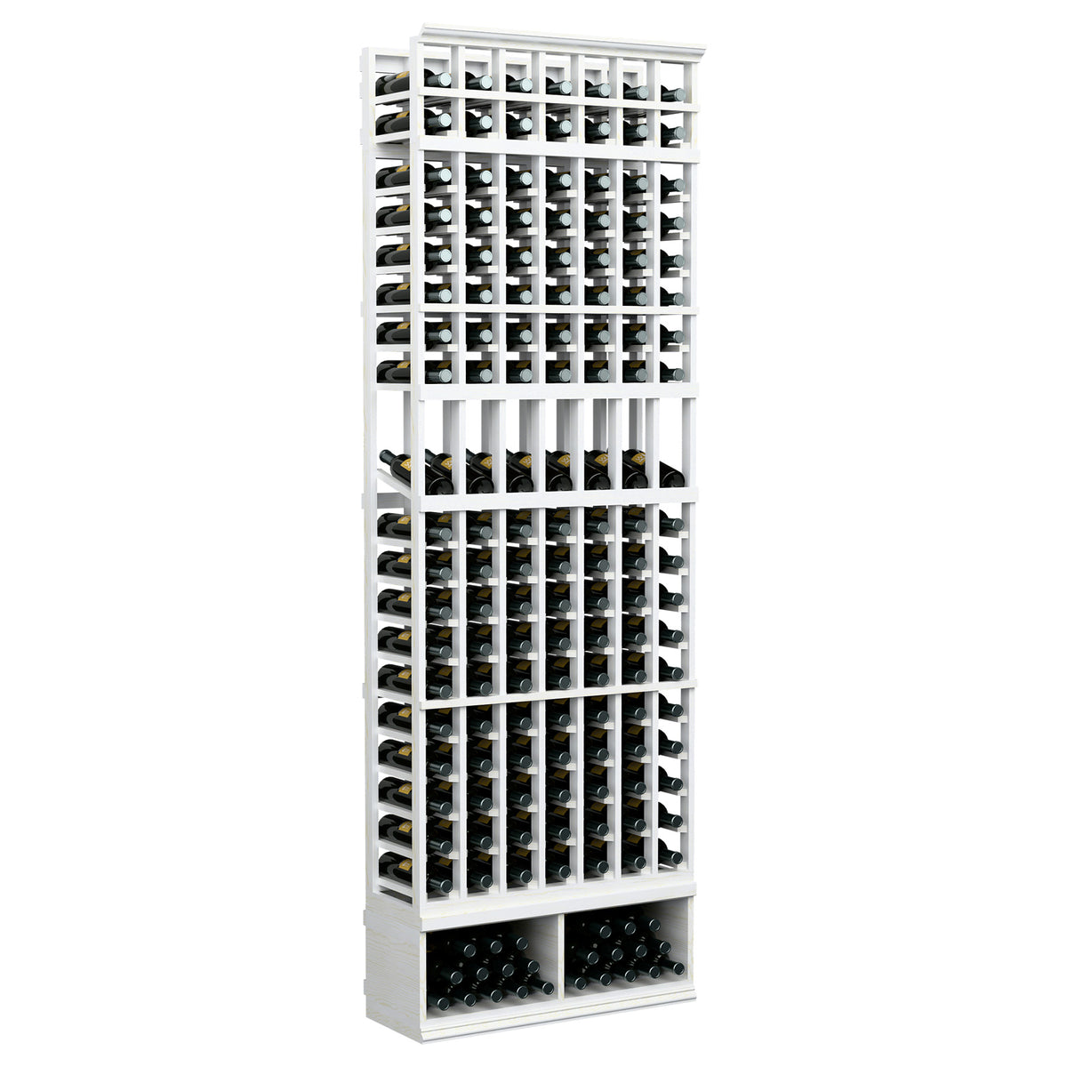 7-column wooden wine display rack with bottle slots, gray-toned finish, front view and base