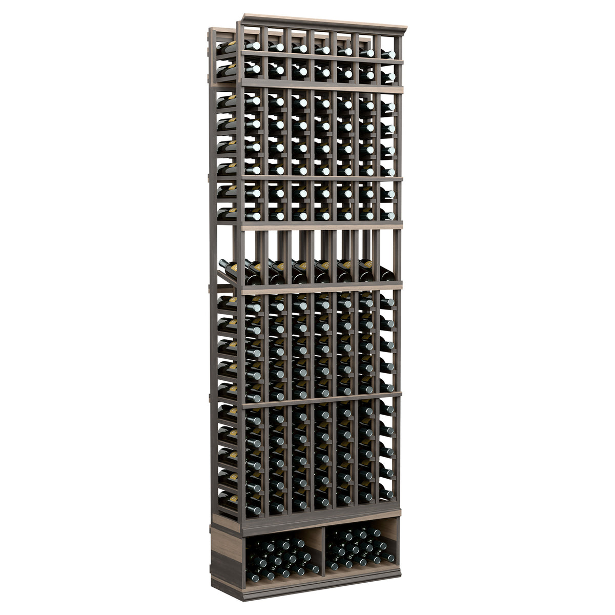 Dark wood 7-column wine display rack with bottle slots and bottom bins