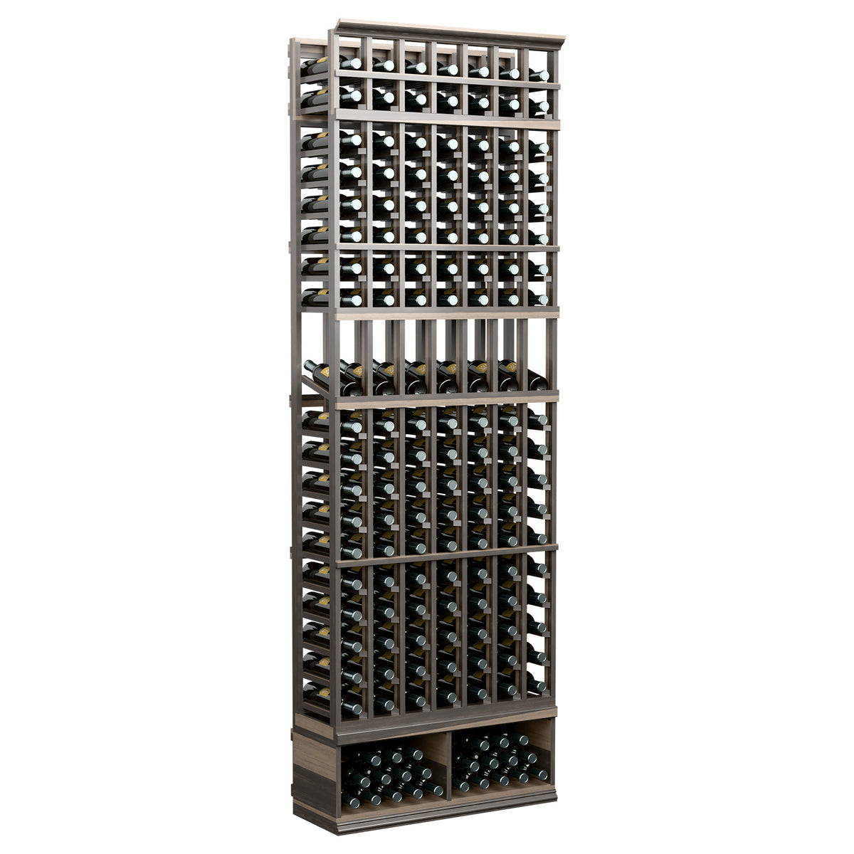 Dark wood 7-column wine display rack with grid bottle slots