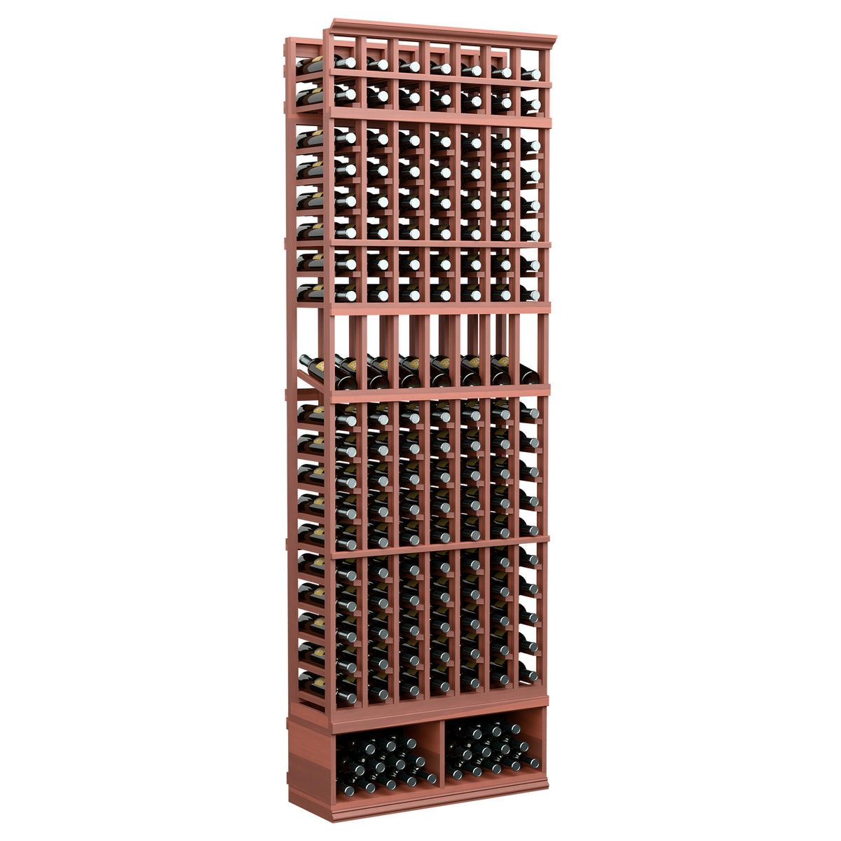 Red wood 7-column wine display rack with bottle slots and top grid