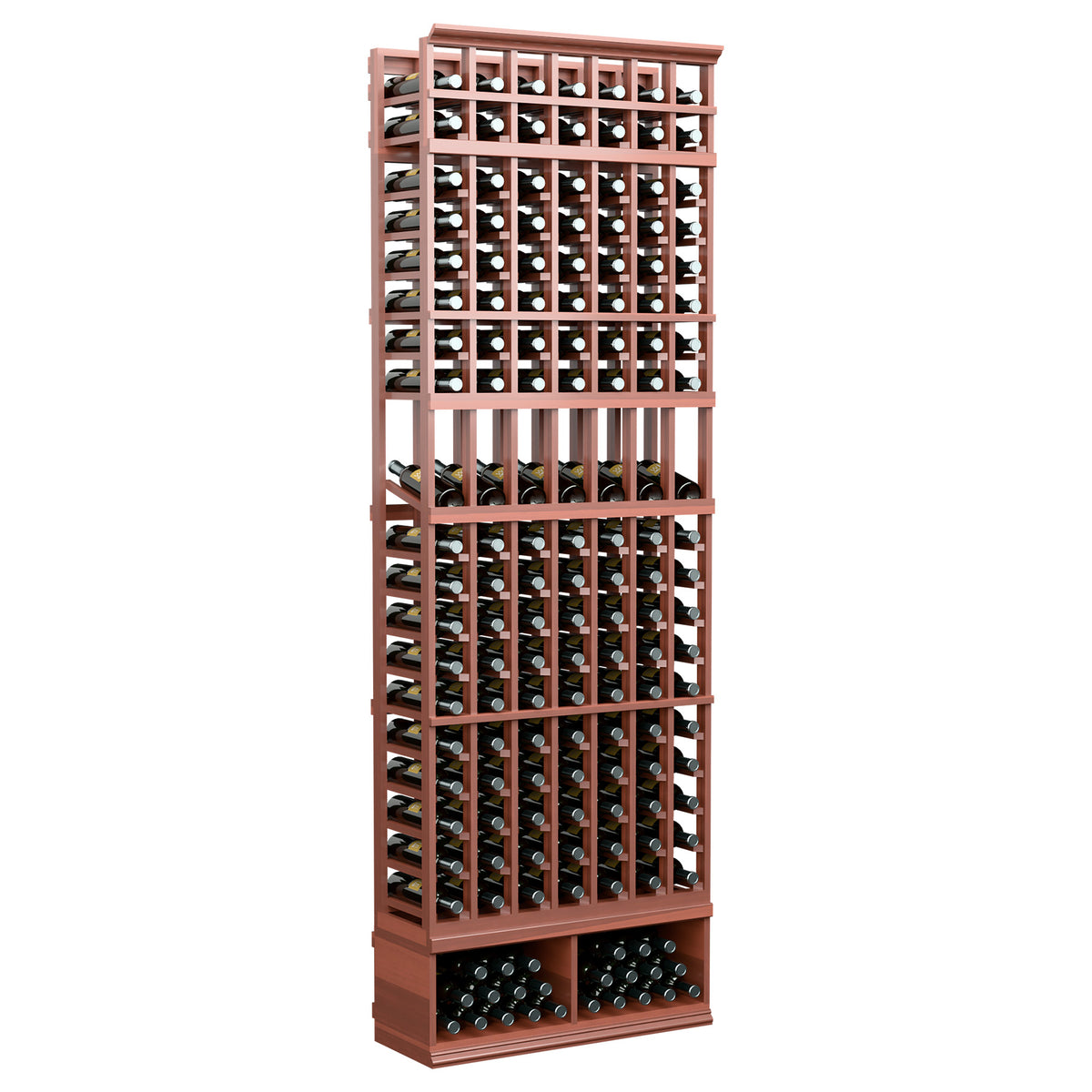 Red-brown wood 7-column wine display rack with front bottle grid