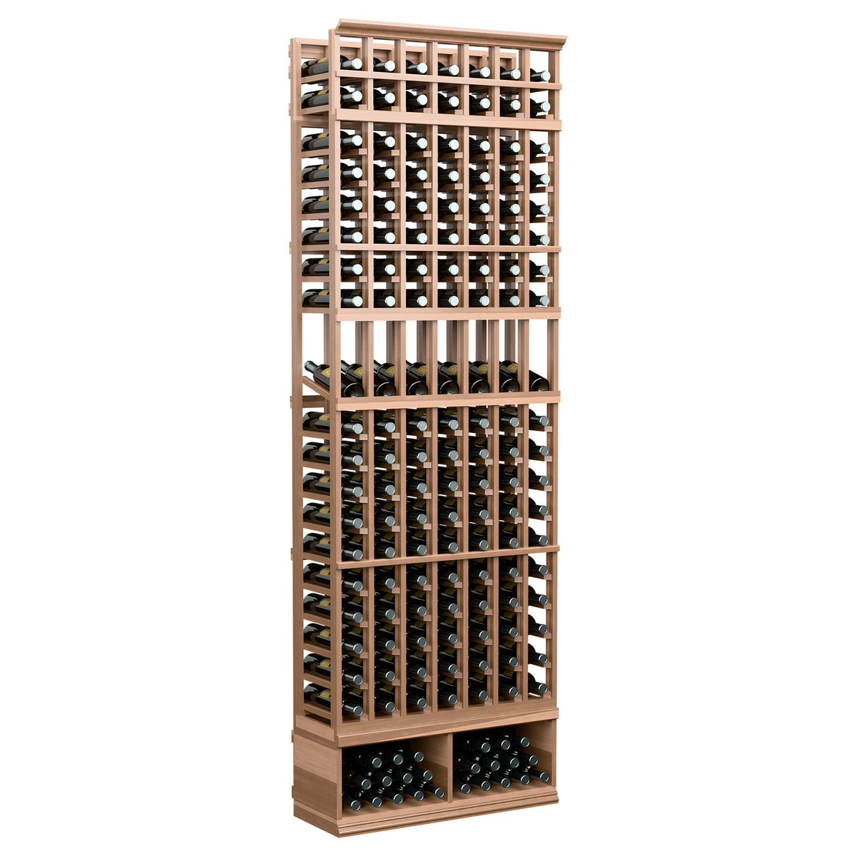 Medium light wood 7-column wine display rack with bottle row dividers